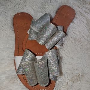 Kate Spade Cicely Grey Glitter Bow Slide Sandals Sz 7.5